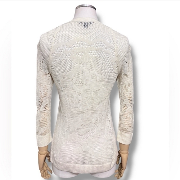 AMERICAN EAGLE OUTFITTERS Cream Scoop Neck Cotton Open Lace Knit Henley - Picture 3 of 5